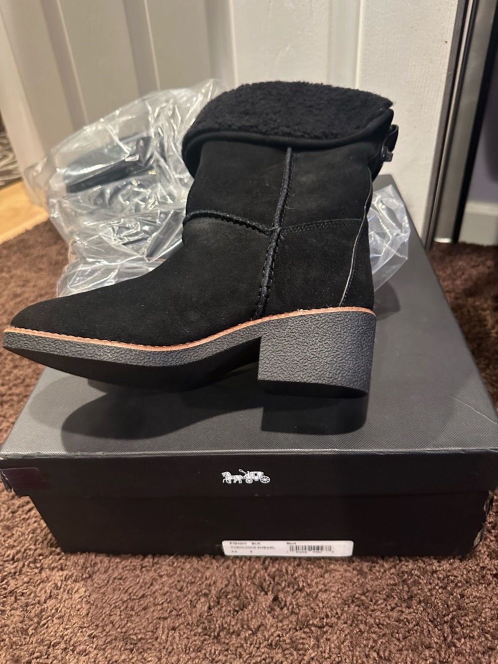 Coach Black Suede Fold-Over Shearling Ankle Booties